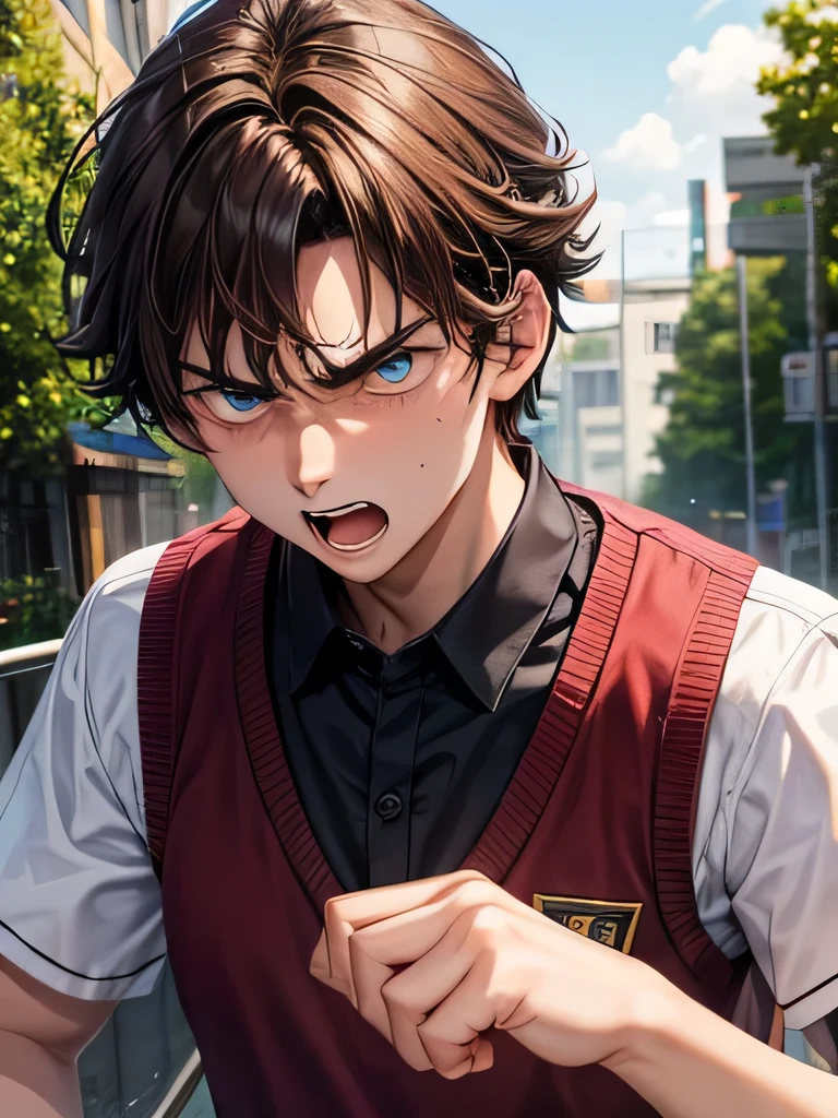 18 years old angry guy with brown hair, wearing student uniform, wilding earth magic