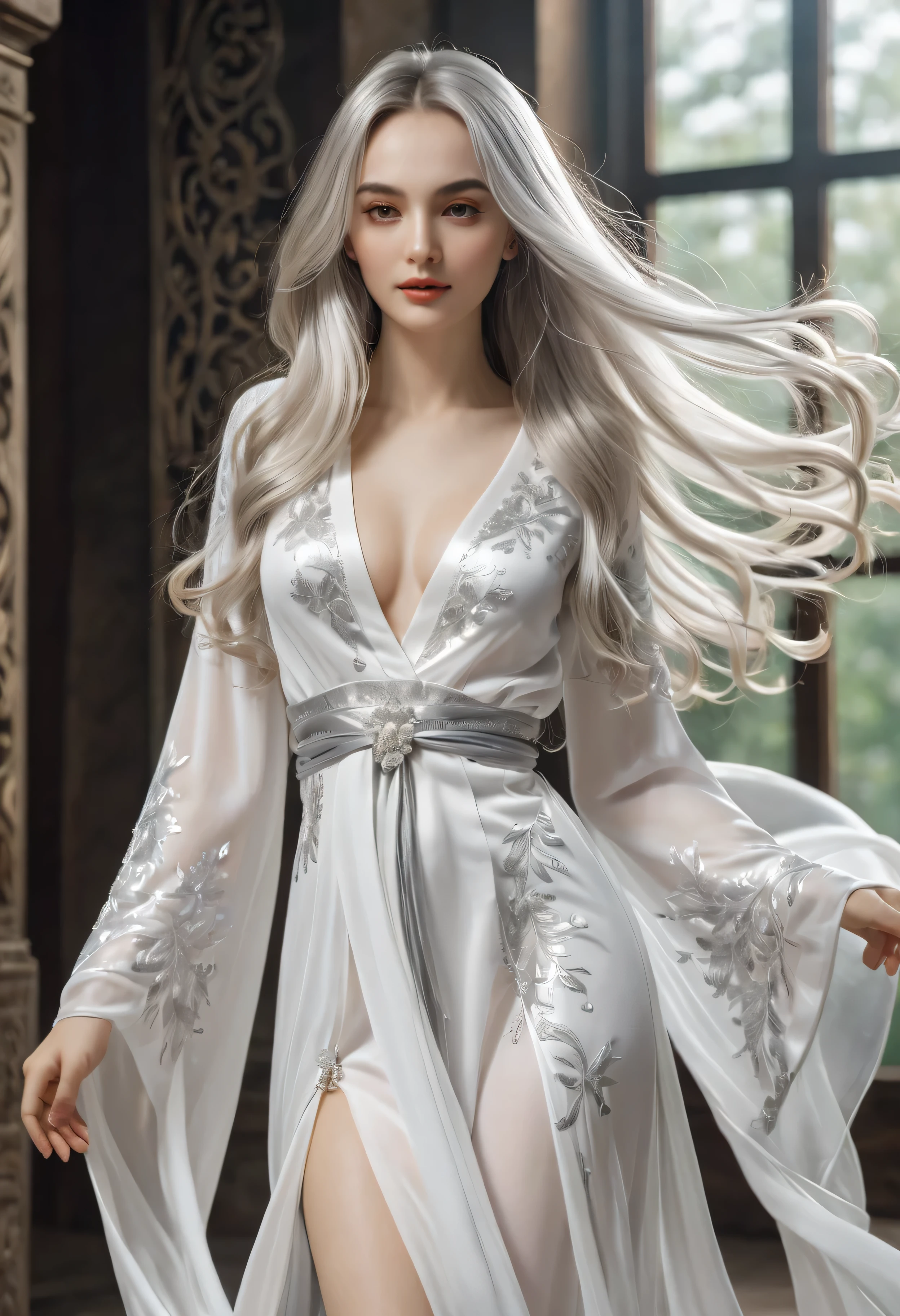 Very detailed eyes, highly detailed face, very beautiful woman, best quality, super detailed (photorealistic), very delicate and beautiful legs, princess, white hair, female panther pose