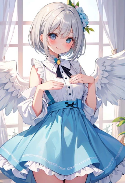 beautiful illustrations, highest quality, pretty girl,beautiful girl、clear face、 half girl、pastel colour ,silver hair、black eyes、smile、blush、にこやかなsmile、thighs、Angel、white wings、fantasy、fantasy、perfect hands、five fingers、bob hair