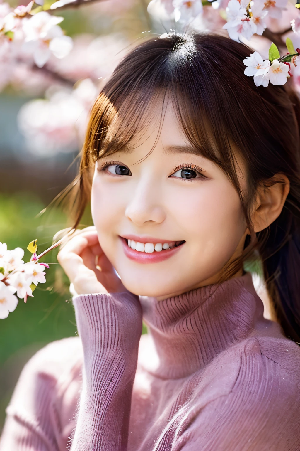 hostess's face、turtleneck wool sweater、high quality、surreal、healthy、smiling face、Slender perfect figure、japan beauty、 perfect eyes、beautiful skin、cherry blossoms、cherry blossoms並木、cherry blossoms吹雪