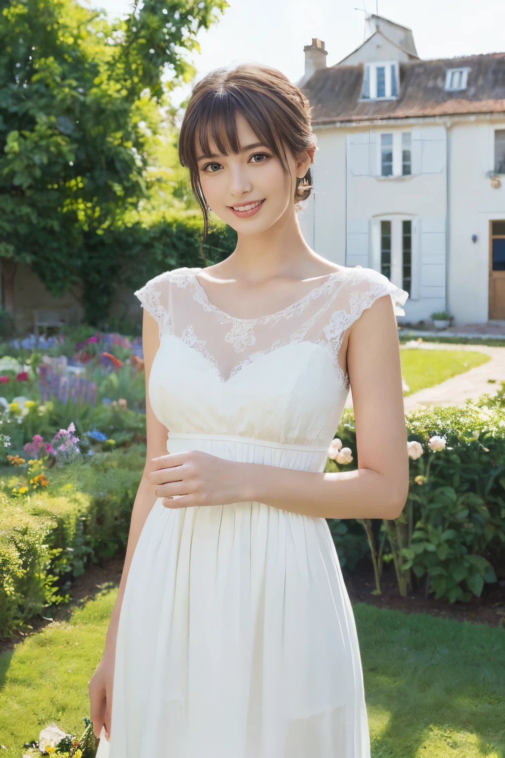 ((table top:1.4, highest quality)), (realistic pictures:1.4),
((1 girl)), (Pure actress), (dream-like),
(超High resolution:1.2), very delicate and beautiful, wonderful, Highly detailed CG Unity 8K wallpaper, Super detailed, High resolution,
soft light, beautiful detailed girl, highly detailed eyes and face, beautifully detailed nose, beautiful and detailed eyes,
(Wear a white dress:1.3),
cinematic lighting, perfect anatomy, slender body, (parted bangs),
(Relaxing in the garden of a house in an old French town:1.3), (White Wall House:1.3), (Colorful flowers blooming all over the wall々), (window), (gardening), (refreshing weather), (outdoor),
cowboy shot, looking at the viewer, (archaic smile)