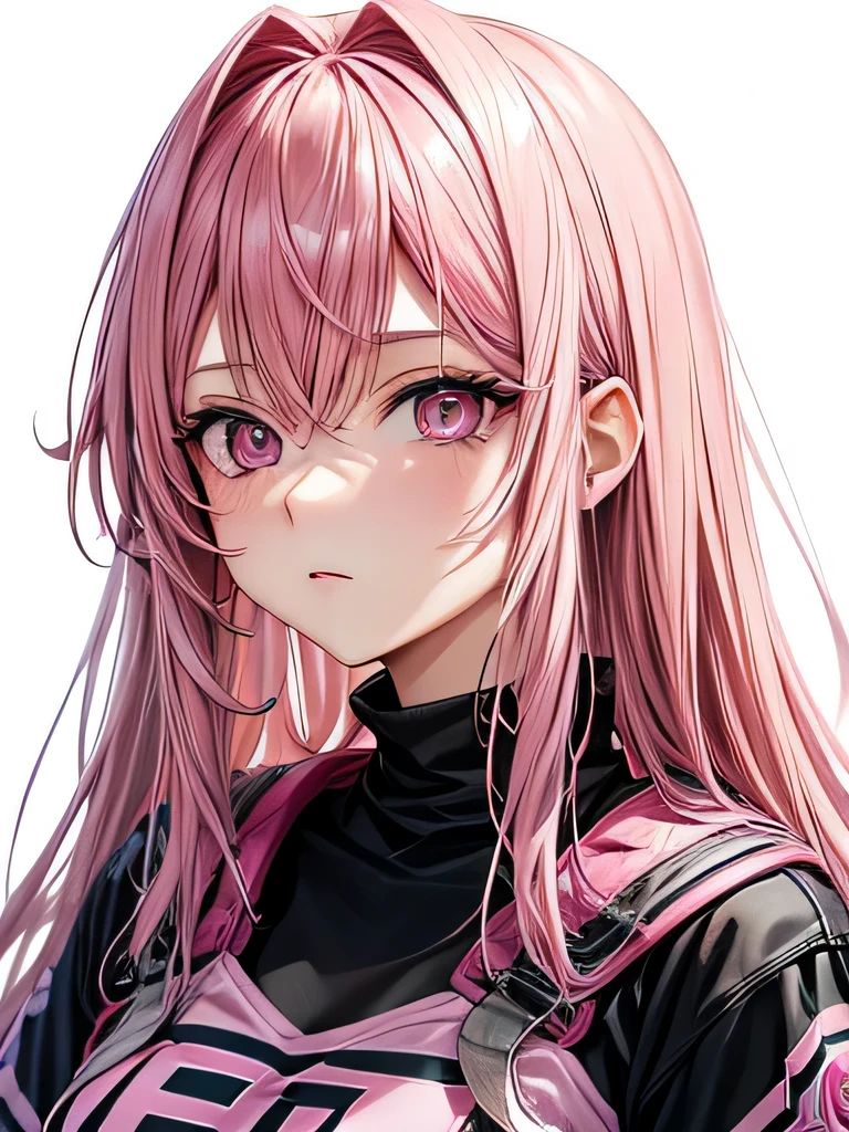 18 years old girl, pink hair, and pink eyes.