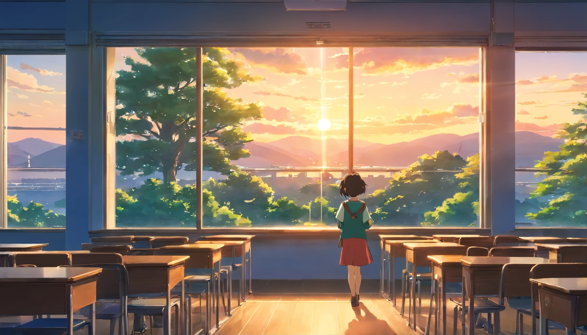Elementary schools in Japan、classroom、Staring out the window、evening,7 year old elementary school student、Rear view、Tree outside the window、Filled with fantastic and beautiful light。High quality down to the smallest detail。High resolution、4k