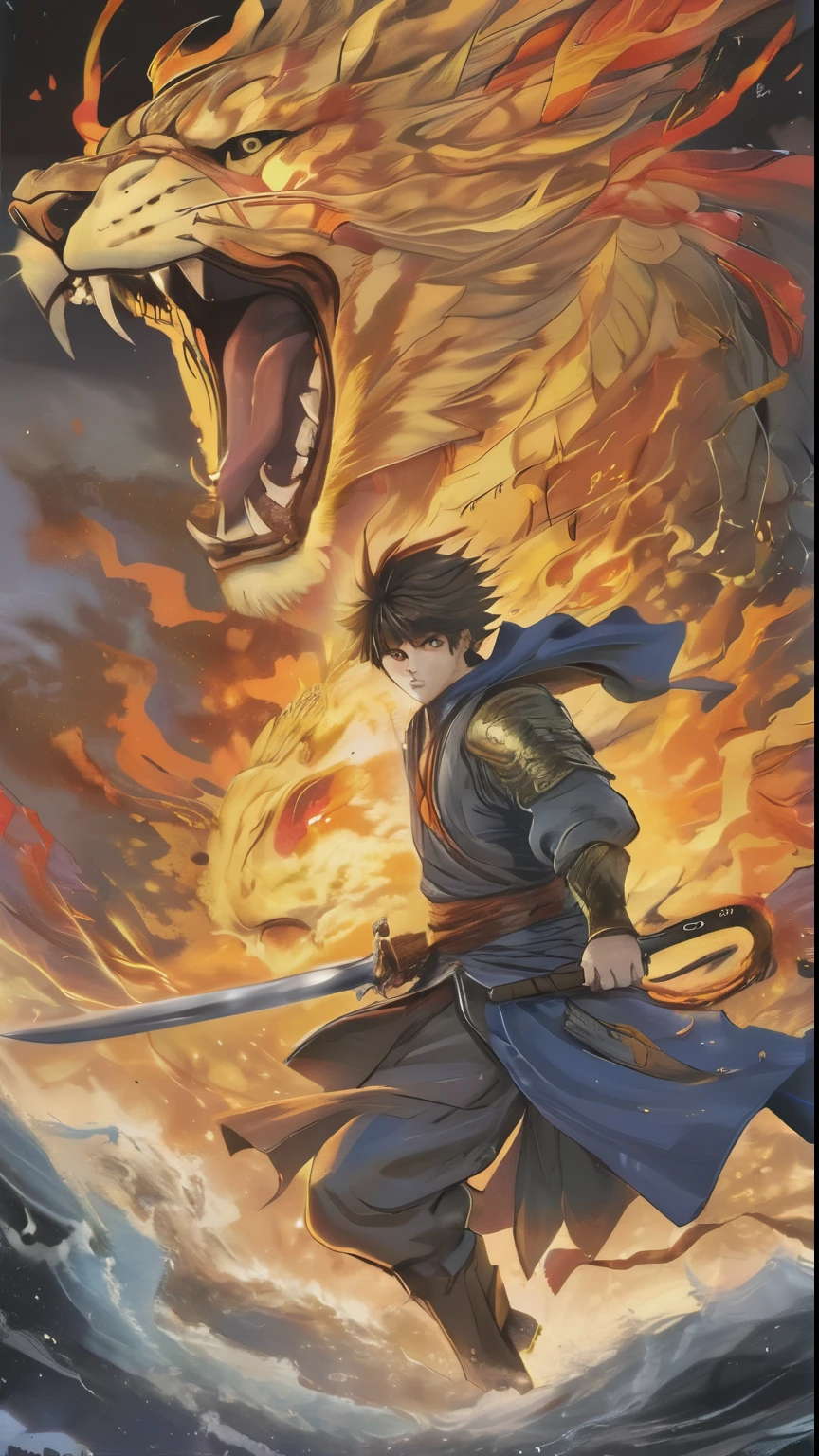Draw famous scenes from battle manga:final battle:Cover picture:full color,three views,The main character of a boy&#39;s manga musters his last strength.、The scene where you confront the final boss,Mission,express waves,roar,sword,cut,dirty equipment,anger,he can never lose,My friend has been defeated,I bet everything on the next blow,Brave,dim background,flash,very flash,beautiful light and shadow,rendering,zentangle elements,wind effect,masterpiece,best masterpiece,politely and boldly,dynamic,The performance of the comic,Japanese manga style,Japanese style,Detailed details,Illustrations that excite viewers,Illustrations that excite viewers,Glaring upwards,hold sword