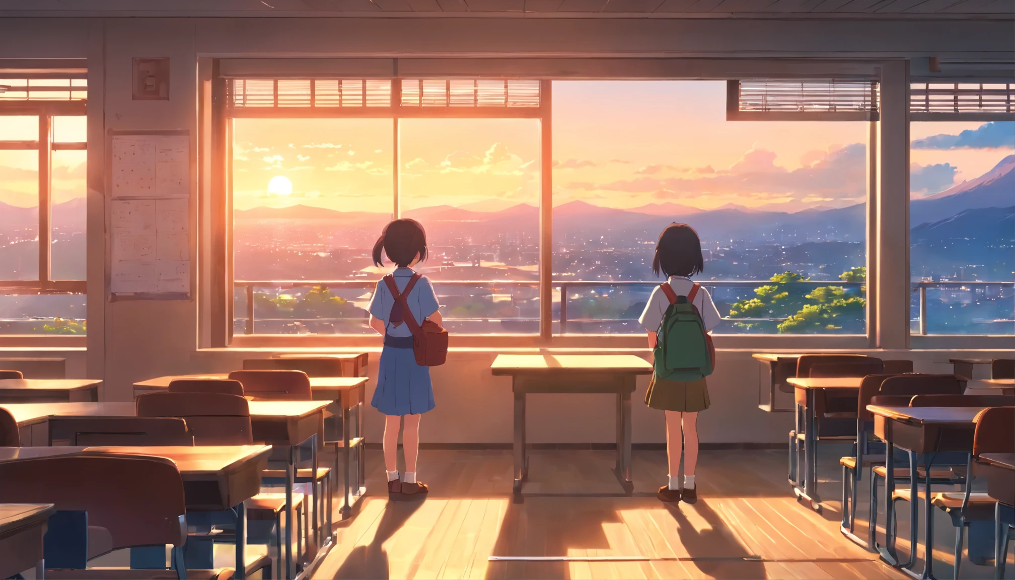 Elementary schools in Japan、classroom、Staring out the window、evening,7 year old elementary school student、Rear view、Filled with fantastic and beautiful light。High quality down to the smallest detail。High resolution、4k