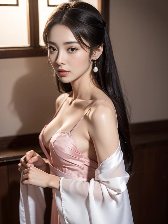 1 realistically beautiful girl, waist length hair, black eyes, ancient Ao Dai, style hanfu, wearing a thin silk shirt of ancient China, pink and smooth white skin, wearing a discreet ancient style ao dai, appears shoulders and head in the photo,cute little face, eye bags under wet makeup, plump red lips, pout, mouth shut, embarrassed, small face makeup detailed and very beautifull, The breasts are super round and tight, breast augmentation, blum , Cover the girl's chest with a camisole inside, blush, from front, wear earrings, necklaces, from above, looking at viewer, upturned eyes, full body, masterpiece, top quality, best quality, official art, unity 8k wallpaper, highres, ultra-high res, ultra-detailed, (photorealistic:1.2), alone, solo, Only 1 girl, style hanfu Dunhuang, 10x pixels, super realistic, ultra high quality, full body view of the girl, upper body, (small breasts) 