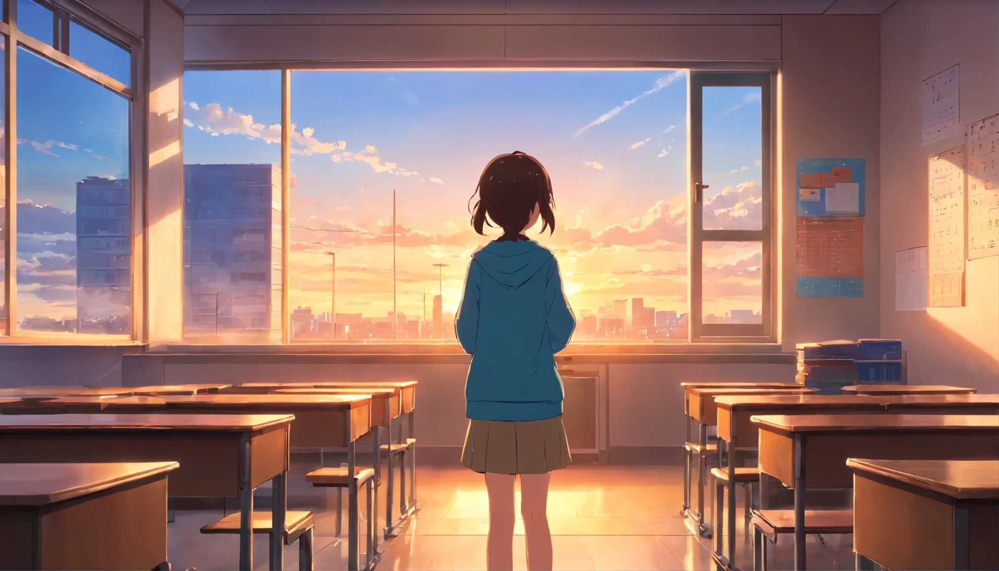 
 in Japan、classroom、Staring out the window、evening，7 year old elementarwith fantastic and beautiful light。High quality down to the smallest detail。High resolution、4k