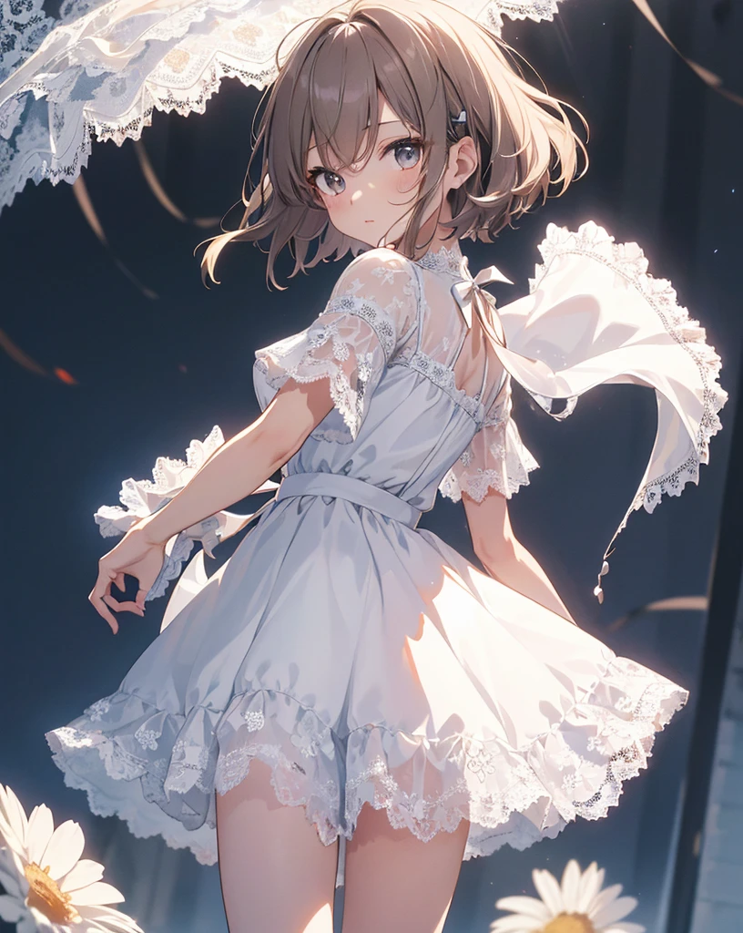 (masterpiece:1.2), highest quality, High resolution, original, (extremely be familiar with:1.2), ultra-be familiar with, wallpaper, perfect lighting,(extremely be familiar with CG:1.2), 8K, anime illustration, hd, 1 girl, alone, cute style costumes, short hair, (white dress, Knee-length dresses, short sleeve:1.22), (lace hem:1.3), {delicate|thin}Rope ribbon on cuffs, waistband bow:1.3), ({be familiar with|delicate}fabric:1.2), from behind, close, back angle, Unity 4k