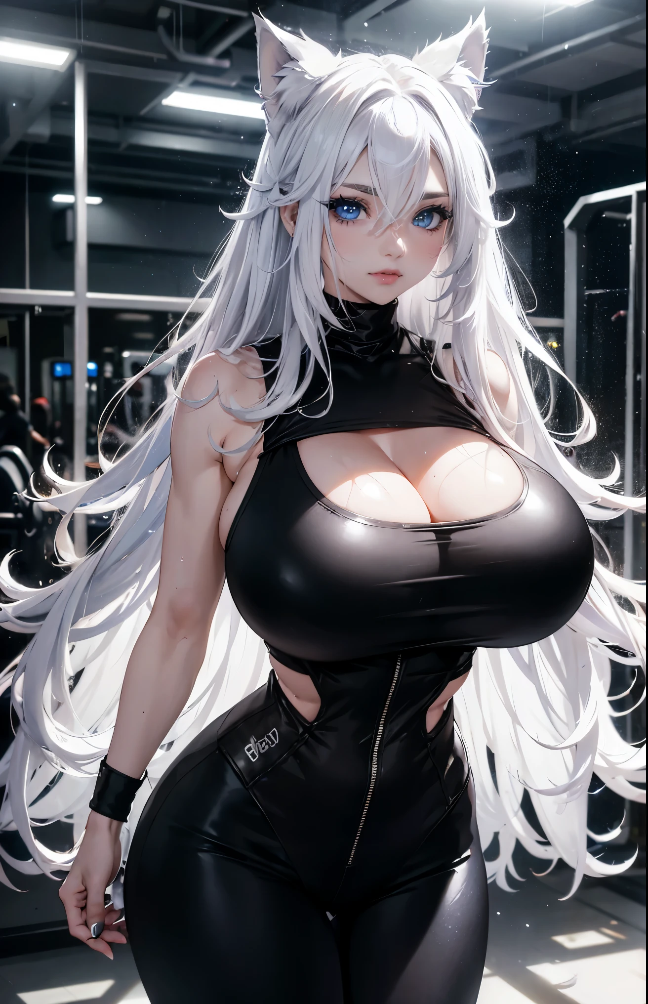 a 19yo woman(goth girl, white wavy hair), wolf ears, Her eyes are blue and beautiful、gym indoor, light from windows, standing up, thick thigs, cinematic lights, light particles, lipstick、Detailed details, cinematic lights,, massive breasts, defined abs, sweaty skin, massive breasts, muscular, gym clothes, gymwear, 