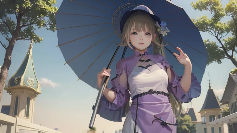 hanabusa lisa with umbrella and dress holding a blue umbrella, nice dress, parasol, standing with a parasol, fine details