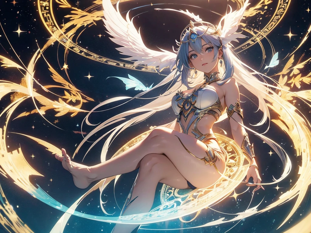 a goddess of the magic, sexy and beautiful, upright star totem float behind the back, magic circle on feets, halo, super textured skin, super detail face, perfect face, Super fine facial details, beautiful and delicate eyes, perfect eyes, anatomically correct, correct limbs, correct figner, super detail figner, best hair quality, best clothing quality, best prop quality, best halo detail and quality, best magic circle detail and quality, complex halo detail,