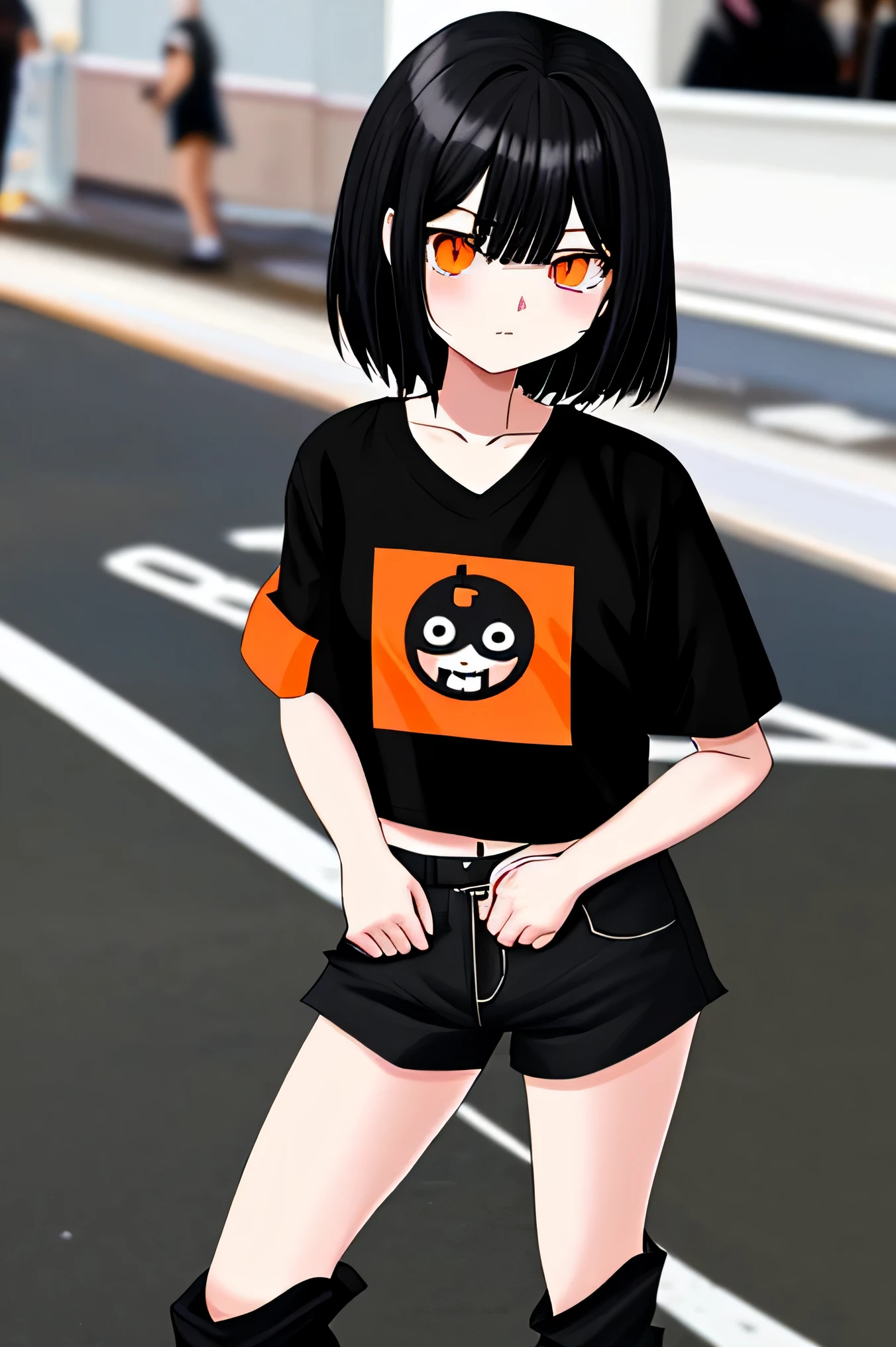 Ecchi girl with a yandere look, and some baggy black pants and a black cropped top shirt and an orange rectangle in the center of the shirt that says "porn nüb" inside the orange rectangle. atmosphere: city street on a sunny day next to a comic-con convention