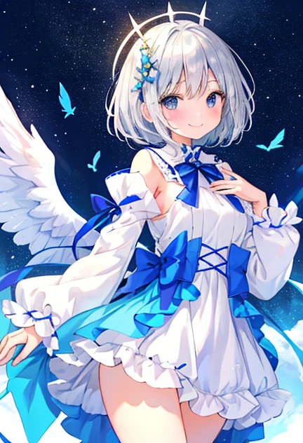 beautiful illustrations, highest quality, pretty girl,beautiful girl、clear face、 half girl、pastel colour ,silver hair、black eyes、smile、blush、にこやかなsmile、thighs、Angel、white wings、fantasy、fantasy、perfect hands、five fingers、bob hair