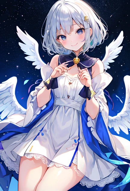 beautiful illustrations, highest quality, pretty girl,beautiful girl、clear face、 half girl、pastel colour ,silver hair、black eyes、smile、blush、にこやかなsmile、thighs、Angel、white wings、fantasy、fantasy、perfect hands、five fingers、bob hair