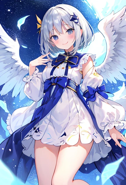 beautiful illustrations, highest quality, pretty girl,beautiful girl、clear face、 half girl、pastel colour ,silver hair、black eyes、smile、blush、にこやかなsmile、thighs、Angel、white wings、fantasy、fantasy、perfect hands、five fingers、bob hair