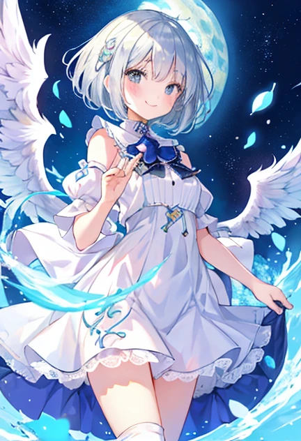 beautiful illustrations, highest quality, pretty girl,beautiful girl、clear face、 half girl、pastel colour ,silver hair、black eyes、smile、blush、にこやかなsmile、thighs、Angel、white wings、fantasy、fantasy、perfect hands、five fingers、bob hair