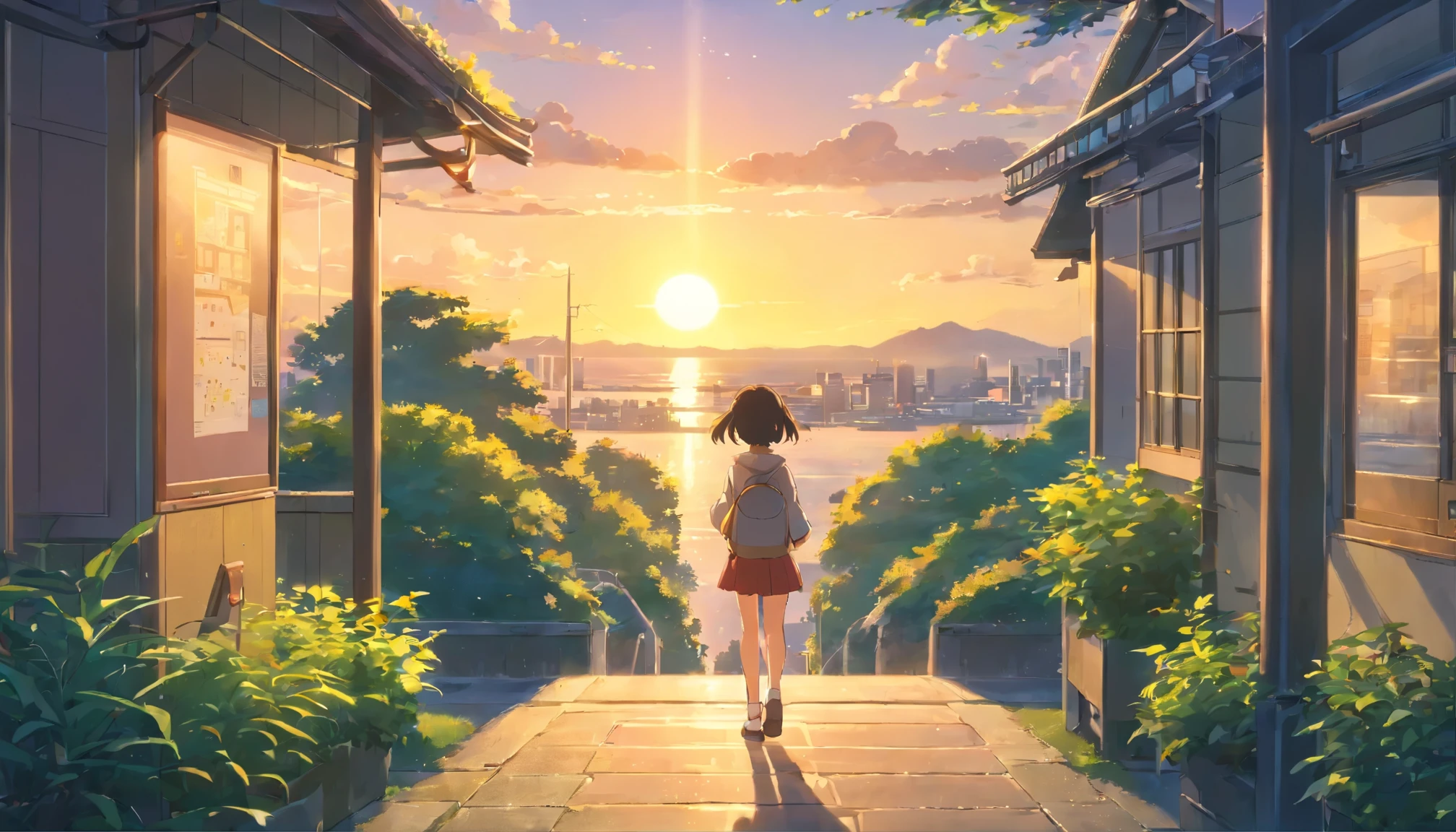 in Japan、campus、outdoor、ground、 waving、raise your right hand、evening,7 year old elementarildren in the distance、Filled with fantastic and beautiful light。High quality down to the smallest detail。High resolution、4k