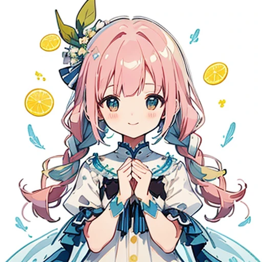 transparent watercolor、girl、jewel eyes、beautiful arrangements and motifs、written boundary depth、flat avatar, 1girl, smile, smile,light pink hair((left and right braids、,short twin tails,wavy hair)), hair with white tips, Fashionable design clothes((blue and white)),background white, かわいいgirl,transparent dress、fluffy dress、transparent feather robes、Yellow transparent、glitter lemon、beautiful girl、smile gently、transparent cloth、exposed、Summery、yellow and green、cheerful girl、Angel's Smile,