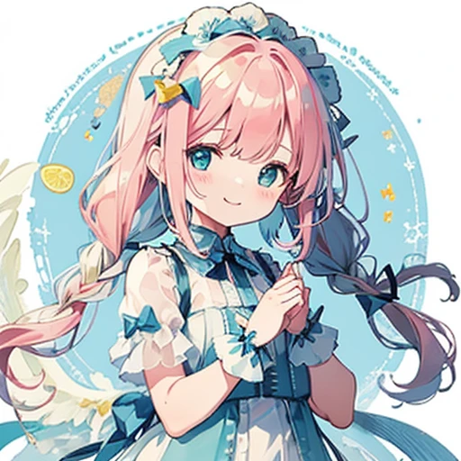 transparent watercolor、girl、jewel eyes、beautiful arrangements and motifs、written boundary depth、flat avatar, 1girl, smile, smile,light pink hair((left and right braids、,short twin tails,wavy hair)), hair with white tips, Fashionable design clothes((blue and white)),background white, かわいいgirl,transparent dress、fluffy dress、transparent feather robes、Yellow transparent、glitter lemon、beautiful girl、smile gently、transparent cloth、exposed、Summery、yellow and green、cheerful girl、Angel's Smile,