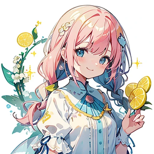 transparent watercolor、girl、jewel eyes、beautiful arrangements and motifs、written boundary depth、flat avatar, 1girl, smile, smile,light pink hair((left and right braids、,short twin tails,wavy hair)), hair with white tips, Fashionable design clothes((blue and white)),background white, かわいいgirl,transparent dress、fluffy dress、transparent feather robes、Yellow transparent、glitter lemon、beautiful girl、smile gently、transparent cloth、exposed、Summery、yellow and green、cheerful girl、Angel's Smile,