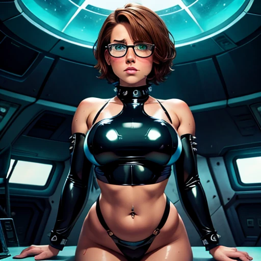 Scared expressionTied up Chubby femboy wearing a latex cropprd space suit with big navel piercing , hands tied up behind back in a alien experiments table in a spaceship, sweating, crying, short brown hair, green eyes , glasses, detailed outfit. Fat belly and short spiky brown hair,blushing,neck chain collar, shock torture, drooling