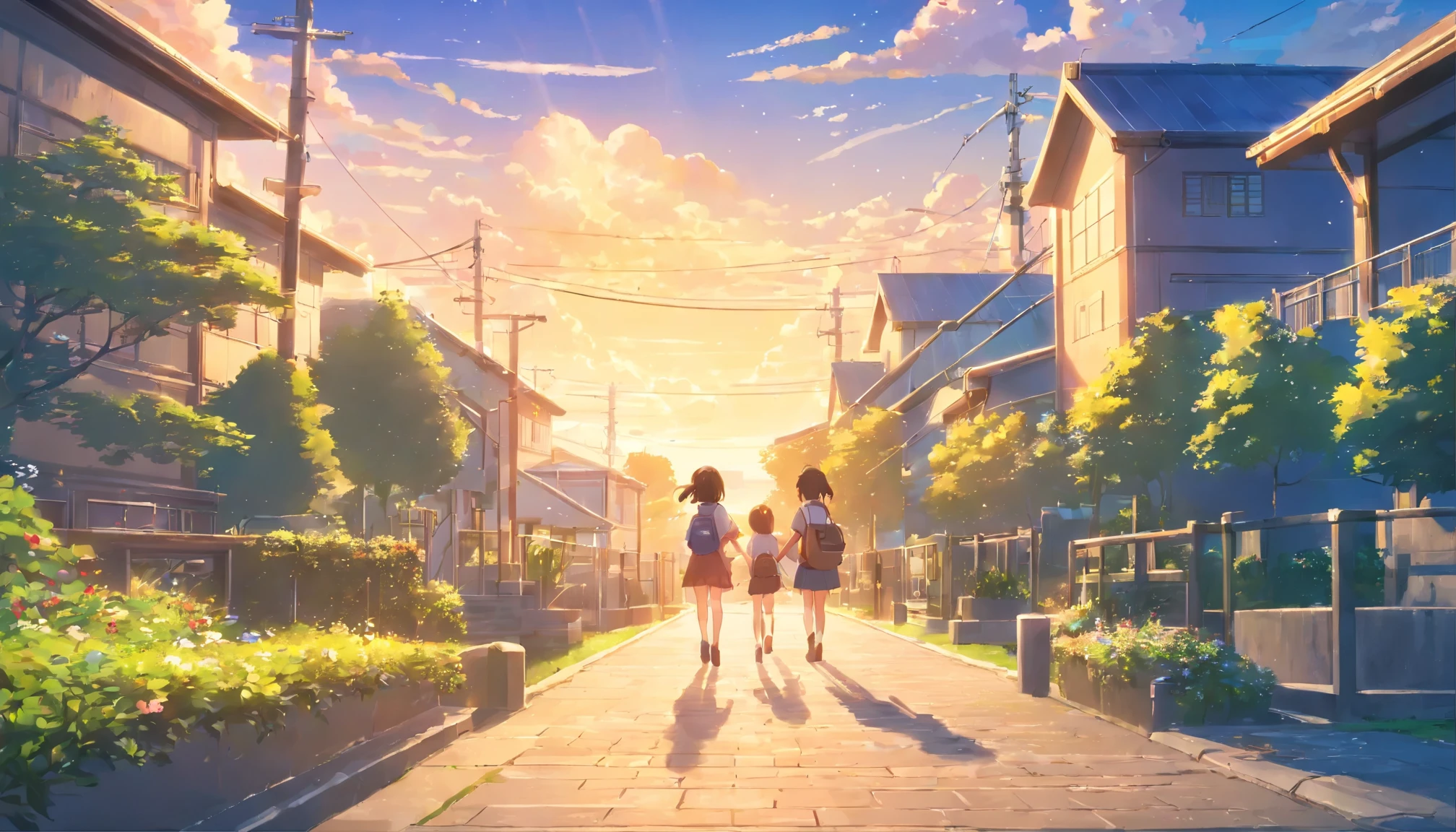 in Japan、campus、outdoor、building、 waving、raise your right hand、evening,7 year old elementarildren in the distance、Filled with fantastic and beautiful light。High quality down to the smallest detail。High resolution、4k