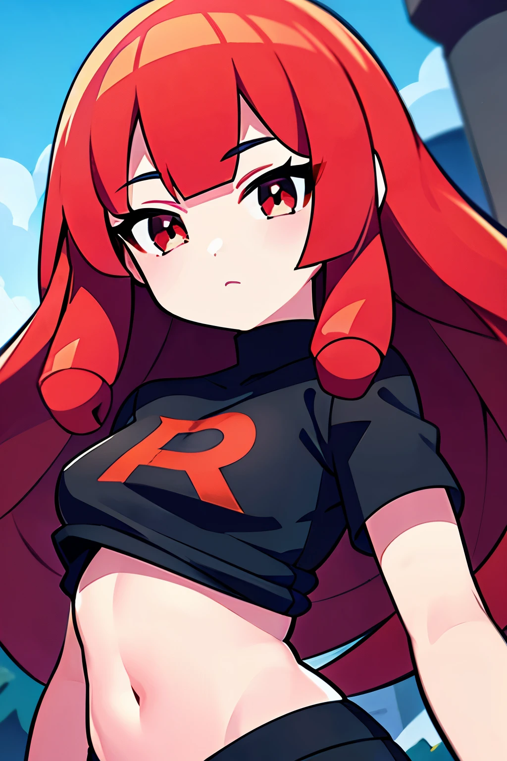 young girl, team rocket shirt, red hair, long hair, curly hair, black circles in eyes, grren eyes, small girl, small breasts,. 4k, masterpiece, detailed
