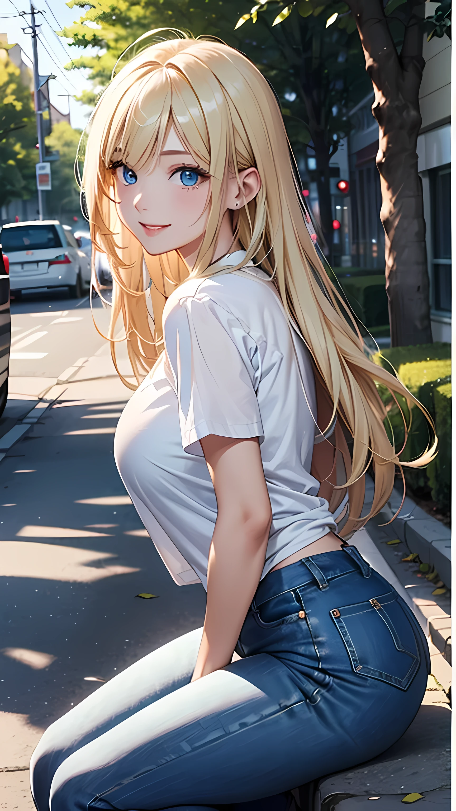 (Ultra high detail、highest quality、official art)、(attractive woman)、28 years old、blonde、straight hair、from head to knees、turn to the side、big bust、white cutter shirt、tight jeans、blue eyes、Big eyes、smile、Bright tree-lined avenue、(( delicate illustrations))、Light、Light、