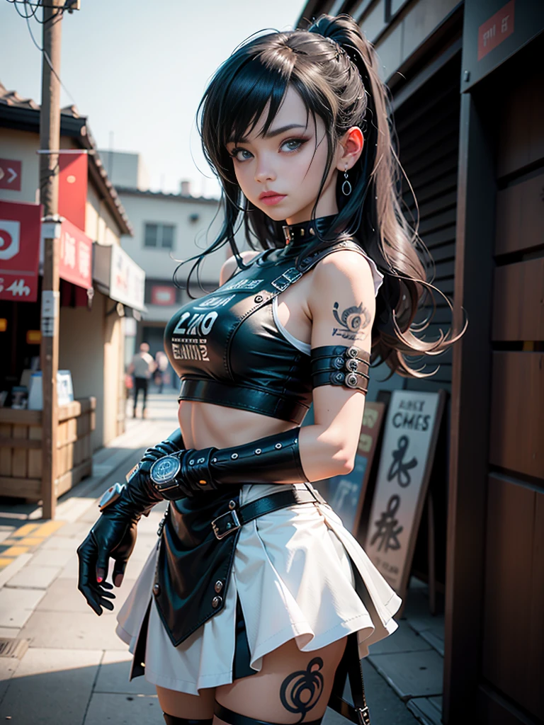 tifa lockhart, tifa_lockhart, FF7, serious face, Camisa regata branca, mini-saia, cabelo longo, long eyelashes, lindos olhos vermelhos com brilho, Surrealismo, sombra, estereograma, (photorealista, realista: 1.2), POV, atmospheric perspective, cinematic lighting, rastreamento de raio, 8k, super detalhe, Melhor qualidade, obra de arte, bem detalhado, (Canon EOS R6, 135 mm, 1/1250s, f/2.8, ISO 400:0.9), Ciberpunk, Neon, Neon signs, lojas de ramen