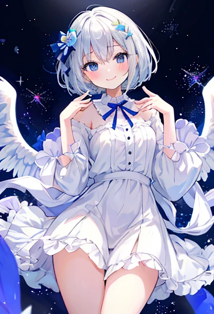 beautiful illustrations, highest quality, pretty girl,beautiful girl、clear face、 half girl、pastel colour ,silver hair、black eyes、smile、blush、にこやかなsmile、thighs、Angel、white wings、fantasy、fantasy、perfect hands、five fingers、bob hair