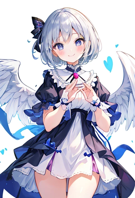 beautiful illustrations, highest quality, pretty girl,beautiful girl、clear face、 half girl、pastel colour ,silver hair、black eyes、smile、blush、にこやかなsmile、thighs、Angel、white wings、fantasy、fantasy、perfect hands、five fingers、bob hair