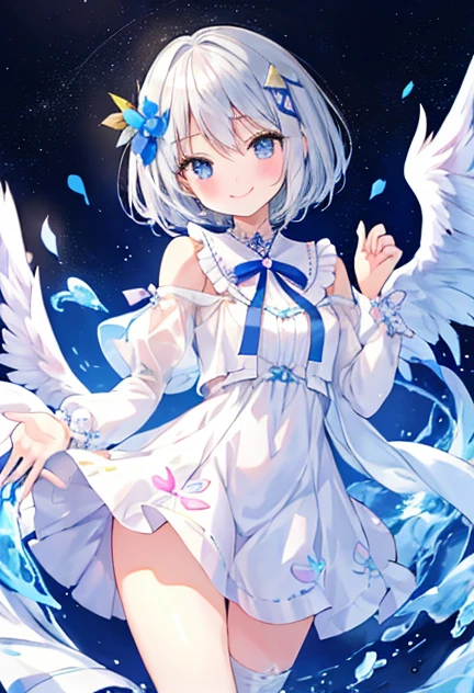 beautiful illustrations, highest quality, pretty girl,beautiful girl、clear face、 half girl、pastel colour ,silver hair、black eyes、smile、blush、にこやかなsmile、thighs、Angel、white wings、fantasy、fantasy、perfect hands、five fingers、bob hair