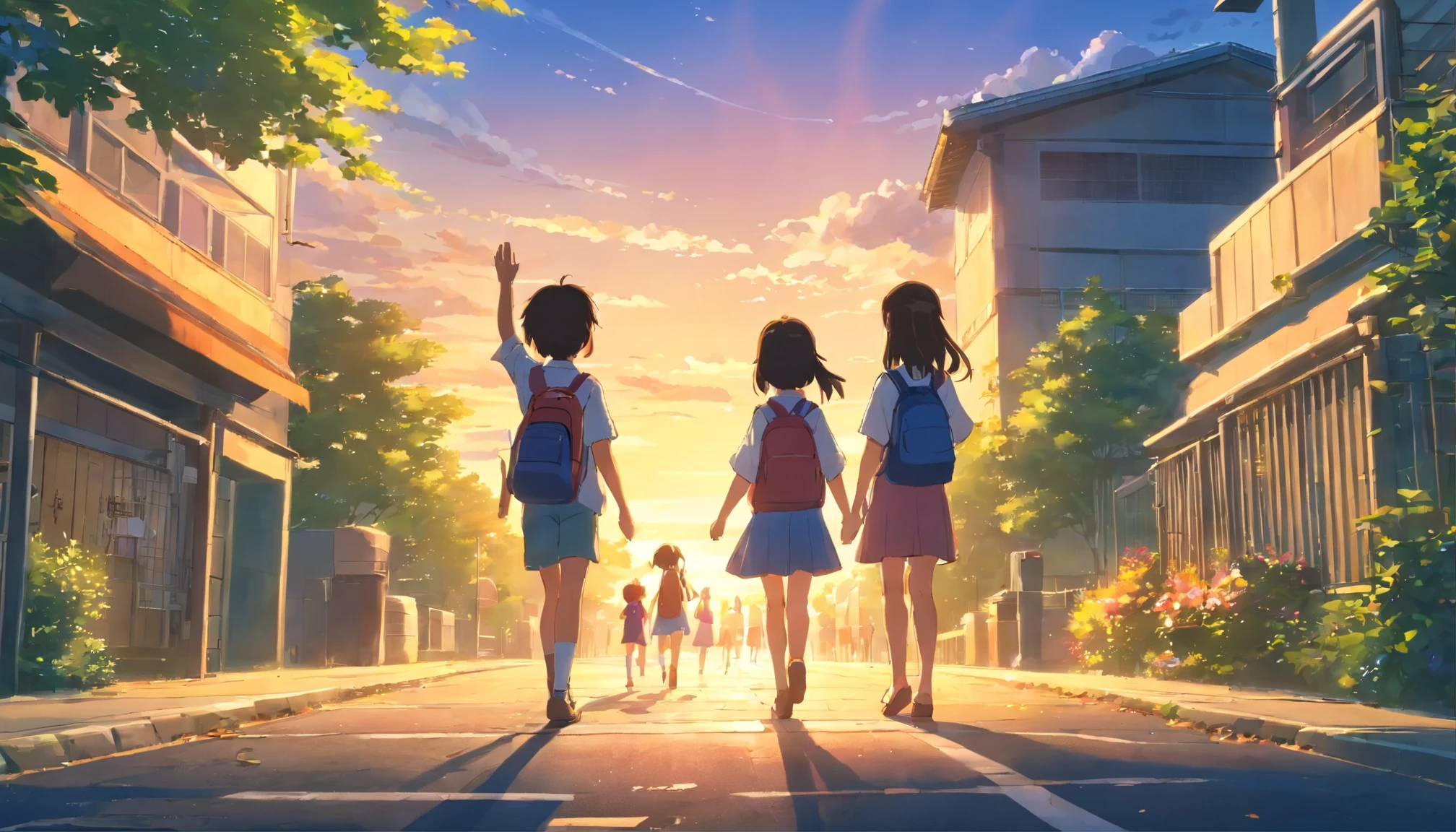 Elementary schools in Japan、campus、outdoor、building、 waving、raise your right hand、evening,7 year old elementary school student、Rear view、many children in the distance、Filled with fantastic and beautiful light。High quality down to the smallest detail。High resolution、4k