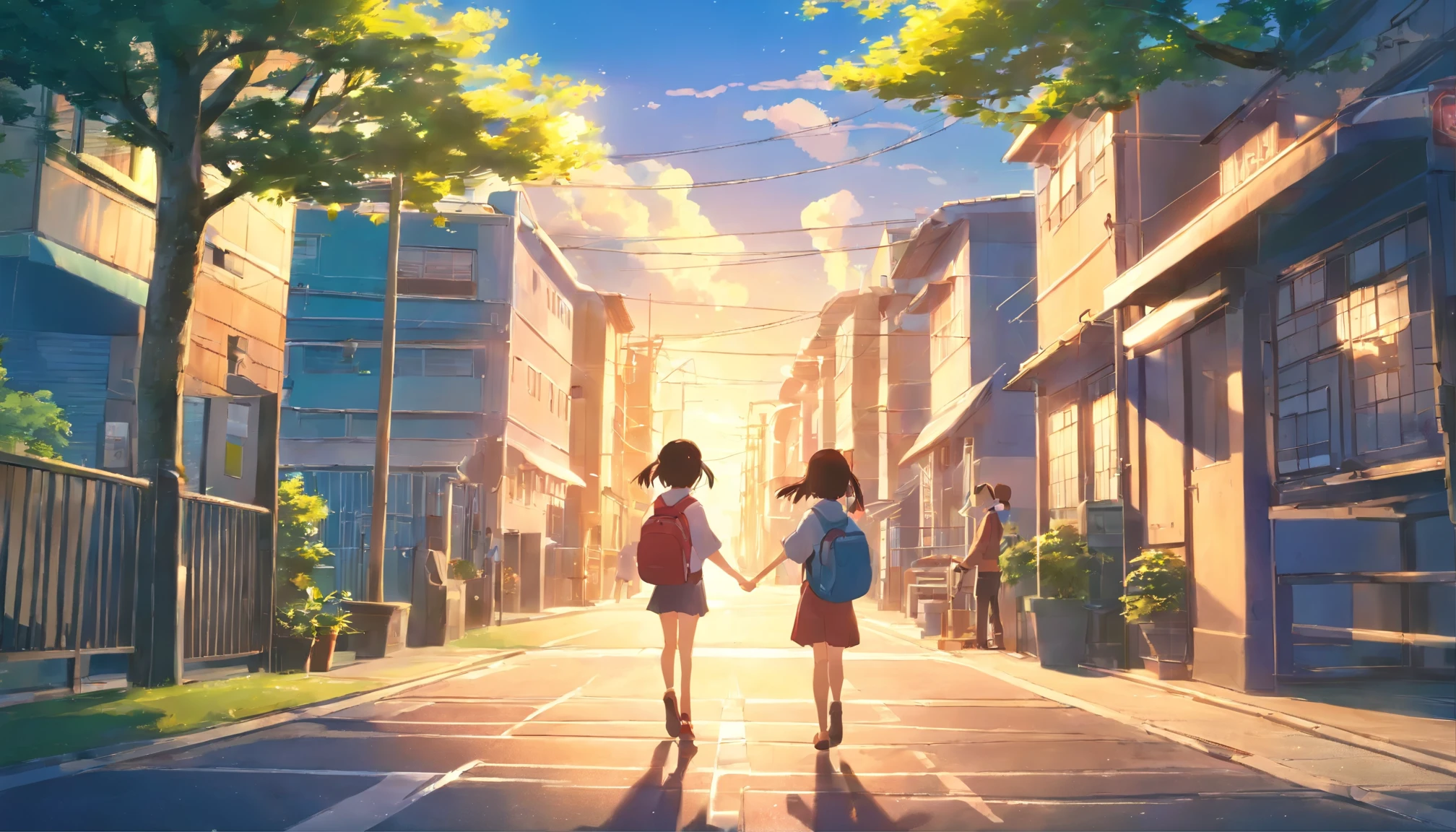 
Elementary schools in Japan、campus、outdoor、building、 waving、raise your right hand、evening，7 year old elementary school student、Rear view、many children in the distance、Filled with fantastic and beautiful light。High quality down to the smallest detail。High resolution、4k