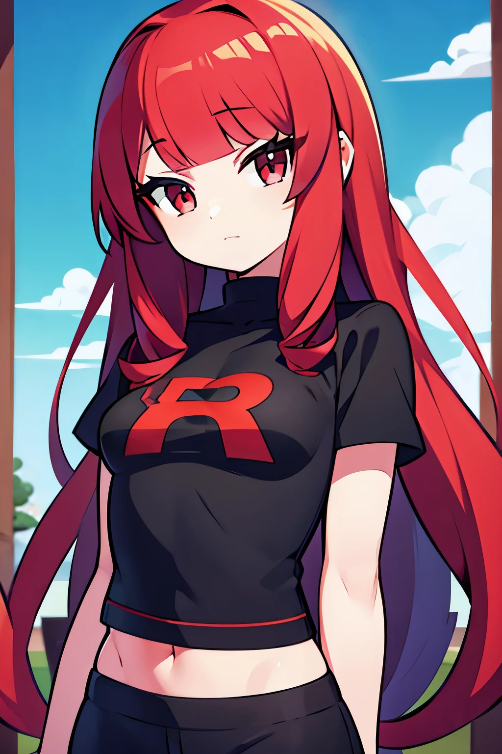 young girl, team rocket shirt, red hair, long hair, curly hair, black circles in eyes, grren eyes, small girl, small breasts,. 4k, masterpiece, detailed
