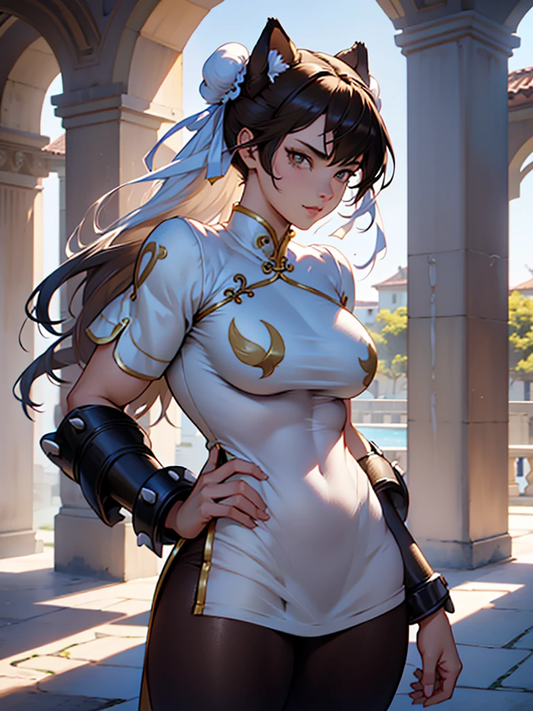 chun li ,beautiful young female warrior fighter with cat ears on her head, com rosto bem detalhado e bonito, belos olhos, belos olhos, rosto lindo, beautiful young woman wearing long brown leggings with black details, sueter apertado branco, standing in a castle, usando bota preta, cabelo comprido com franja preto, ,orelhas de gato, belo sorriso, tomboy, um pouco musculosa,suter branco com cinta em volta, olhar serio,usando jaqueta de couro apertado preto, com ombreiras de prata nos ombros