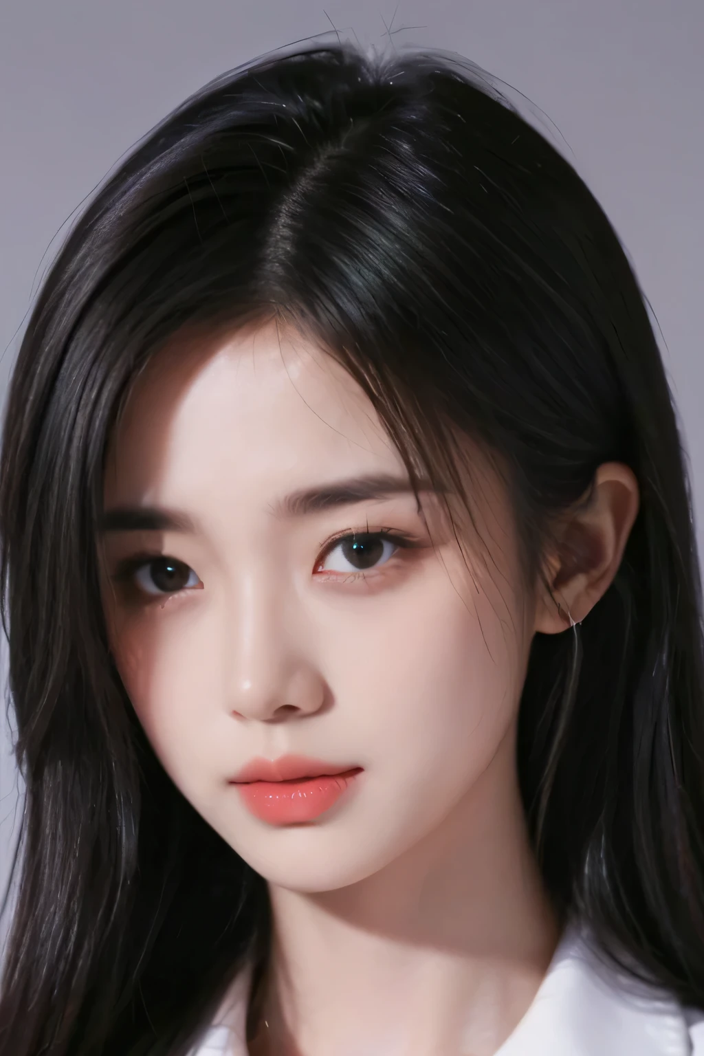 tmasterpiece,Best quality,A high resolution,8K,(Portrait photograph:1.5),(Head close-up),(ROriginal photo),real photograph,digital photography,(Girls in the workplace),(Female president),20 year old girl,random hair style,By bangs,(green-eyed),Serious and obsessed with breasts, accessories,Keep one's mouth shut,elegant and charming,Serious and arrogant,Calm and handsome,(Women's professional attire),Photo pose,Realisticstyle,gray world background,oc render reflection texture