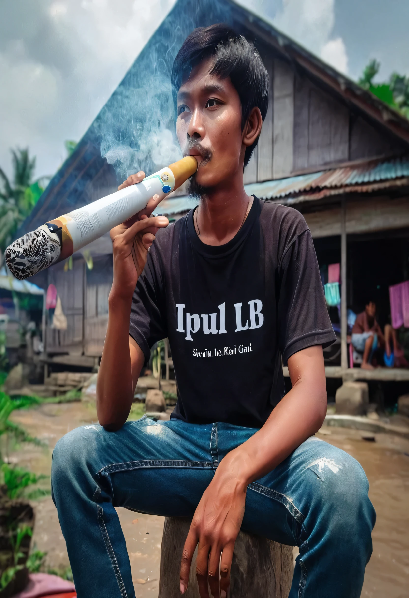 Seorang pria umur 27 tahun wajah asli ras indonesia duduk di depan rumah pakq