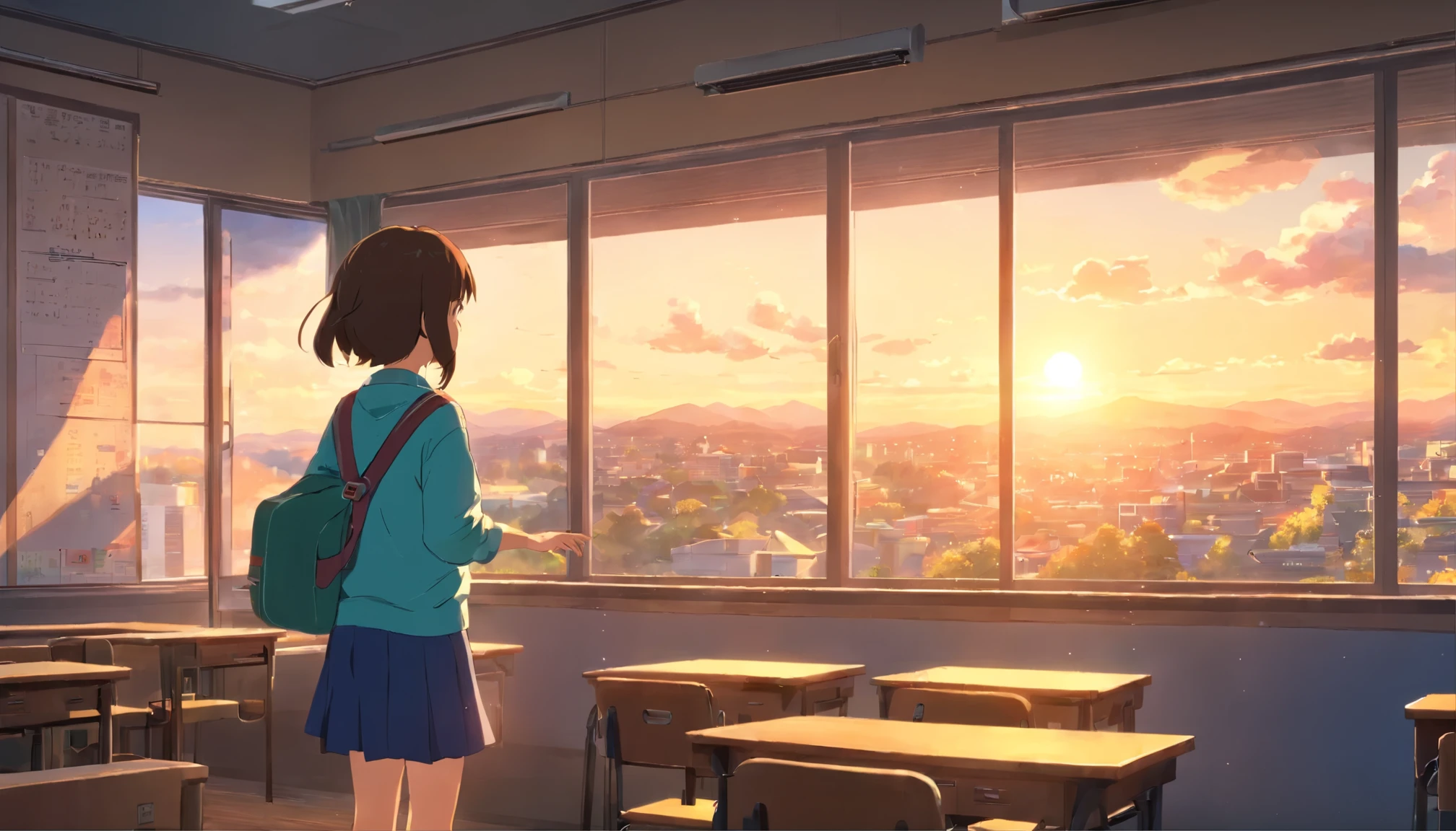 Japanese 、child looking out the windoving、raise your right hand、evening,7 year old elementary school studedistance、Filled with fantastic and beautiful light。High quality down to the smallest detail。High resolution、4k
