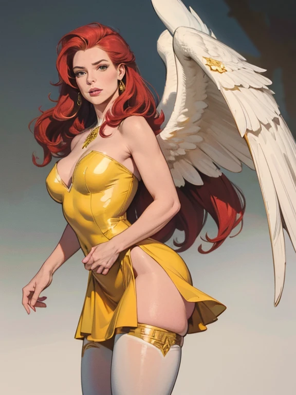 (best quality,8k:1.2,high resolution:1.2),ultra-detalhado,Realistic,vintage godess female,long red straight hair,rosto extremamente detalhado,long eyelashes,big white angel wings,soft yellow and green dress with gold details,tan pantyhose,metalic accessories,Physically-based rendering,sharp focus,white neutral background