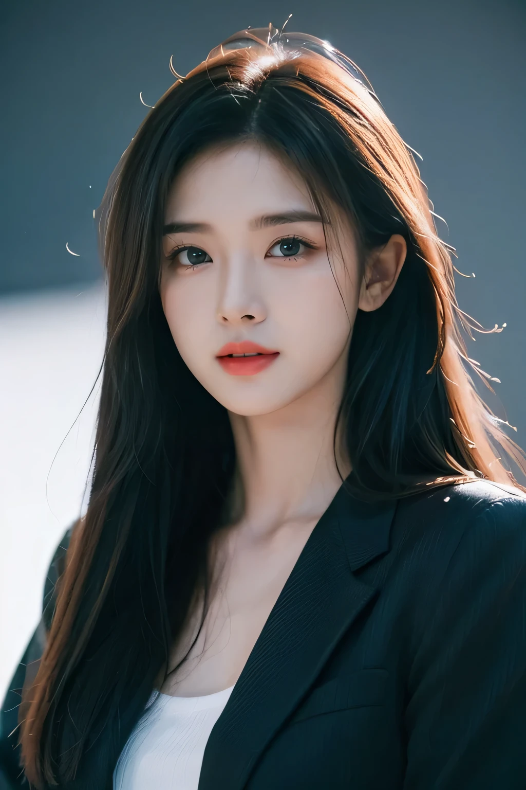 tmasterpiece,Best quality,A high resolution,8K,(Portrait photograph:1.5),(Head close-up),(ROriginal photo),real photograph,digital photography,(Girls in the workplace),(Female president),20 year old girl,random hair style,By bangs,(green-eyed),Serious and obsessed with breasts, accessories,Keep one's mouth shut,elegant and charming,Serious and arrogant,Calm and handsome,(Women's professional attire),Photo pose,Realisticstyle,gray world background,oc render reflection texture