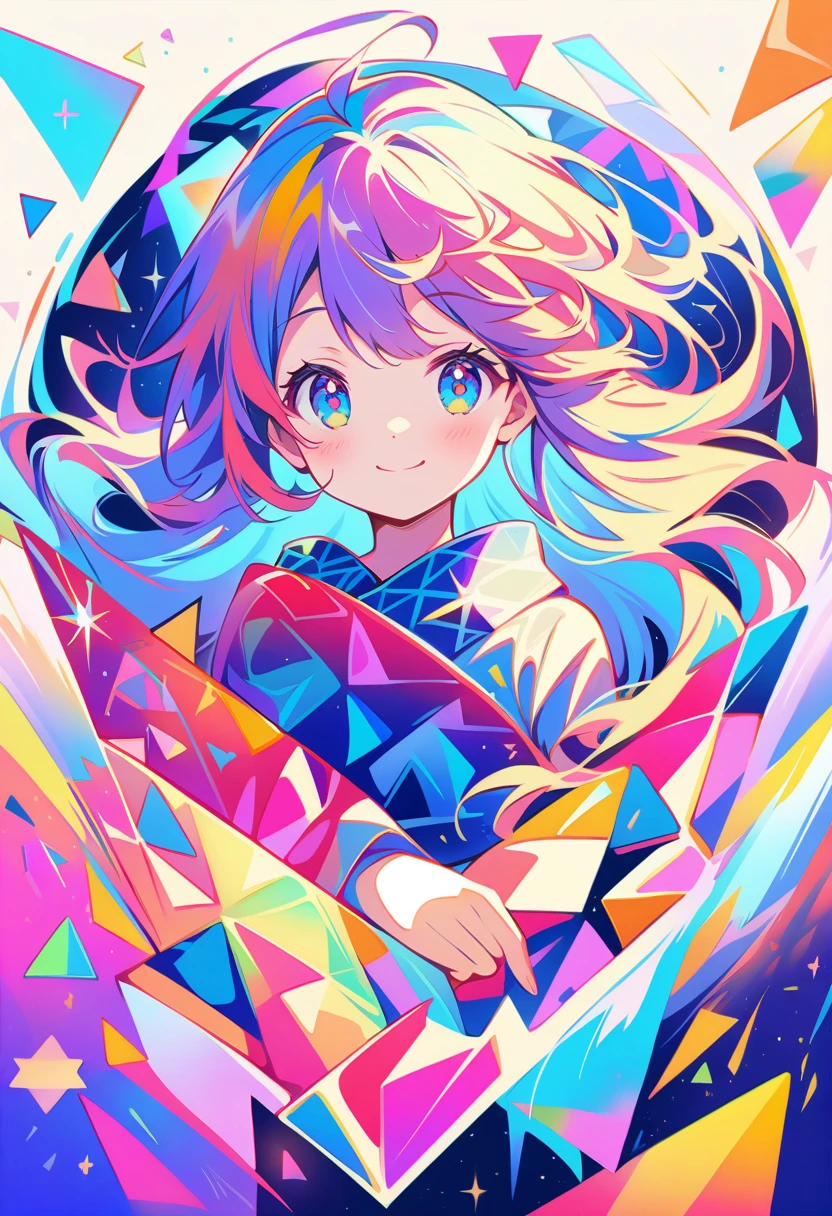 Seamless geometry,blank background,Geometric puzzle style,cute girl, shining eyes, 16 years old, hapiness,cute smile,flowing hair,Light blue geometric pattern yukata,Surrounded by Colorful geometric shapes,Vibrant colors,Sparkling fireworks in the background,Colorful geometric shapes,eye-catching composition,abstract pattern,Geometric symmetry,Striking visual impact,artistic interpretation,expressive brushstrokes,Translucent layers,contrasting tones,Warm and cool light exposure,Ethereal and magical atmosphere,seductive and captivating scene