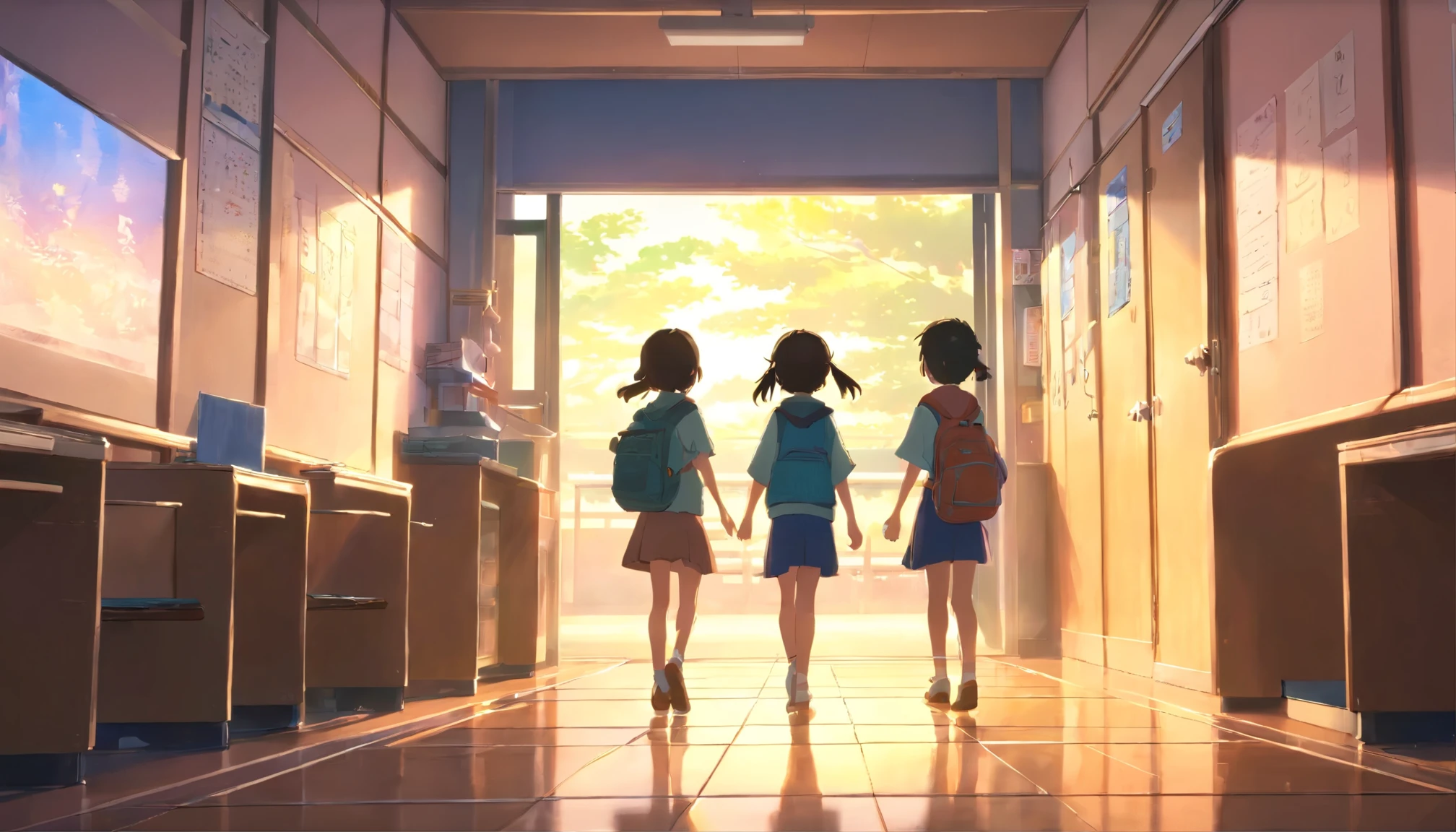 Inside a Japanese elementary school、wave hands、raise your right hand、stage、corridor、evening,3 elementary school students aged 7 years、Rear view、Filled with fantastic and beautiful light。High quality down to the smallest detail。High resolution、4k