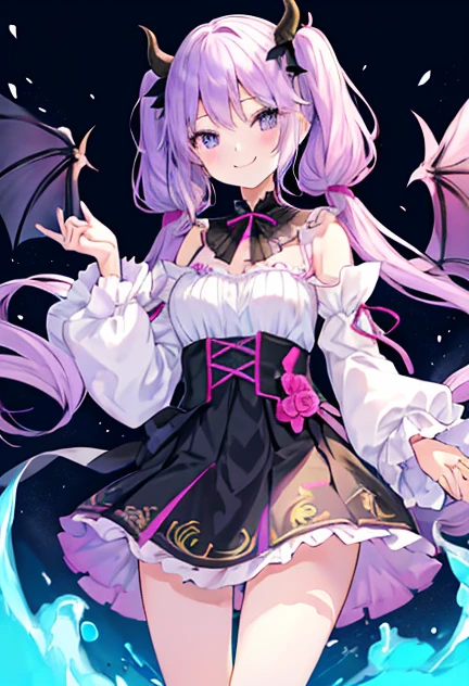 beautiful illustrations, highest quality, pretty girl,beautiful girl、clear face、 half girl、pastel colour ,purple hair、black eyes、smile、blush、にこやかなsmile、thighs、devil、black feather、fantasy、fantasy、perfect hands、five fingers、twin tails