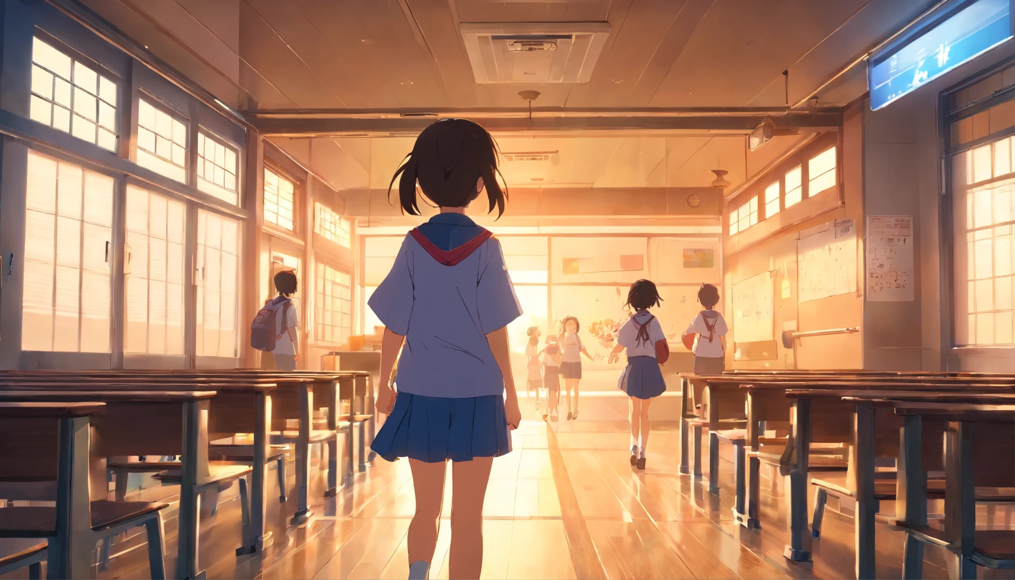 
Inside a Japanese elementary school、 waving、stage、corridor、evening，7 year old elementary school student、Rear view、Filled with fantastic and beautiful light。High quality down to the smallest detail。High resolution、4k