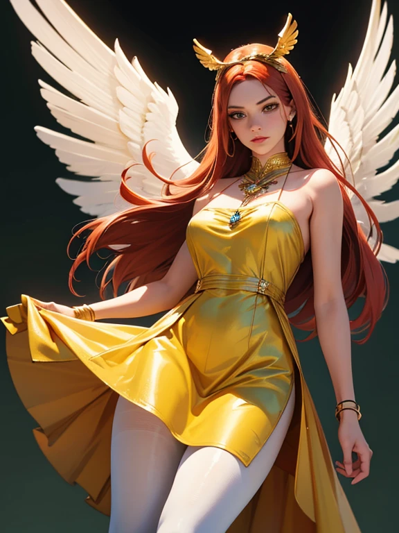 (best quality,8k:1.2,high resolution:1.2),ultra-detalhado,Realistic,vintage godess female,long red straight hair,rosto extremamente detalhado,long eyelashes,big white angel wings,soft yellow and green dress with gold details,tan pantyhose,metalic accessories,Physically-based rendering,sharp focus,white neutral background