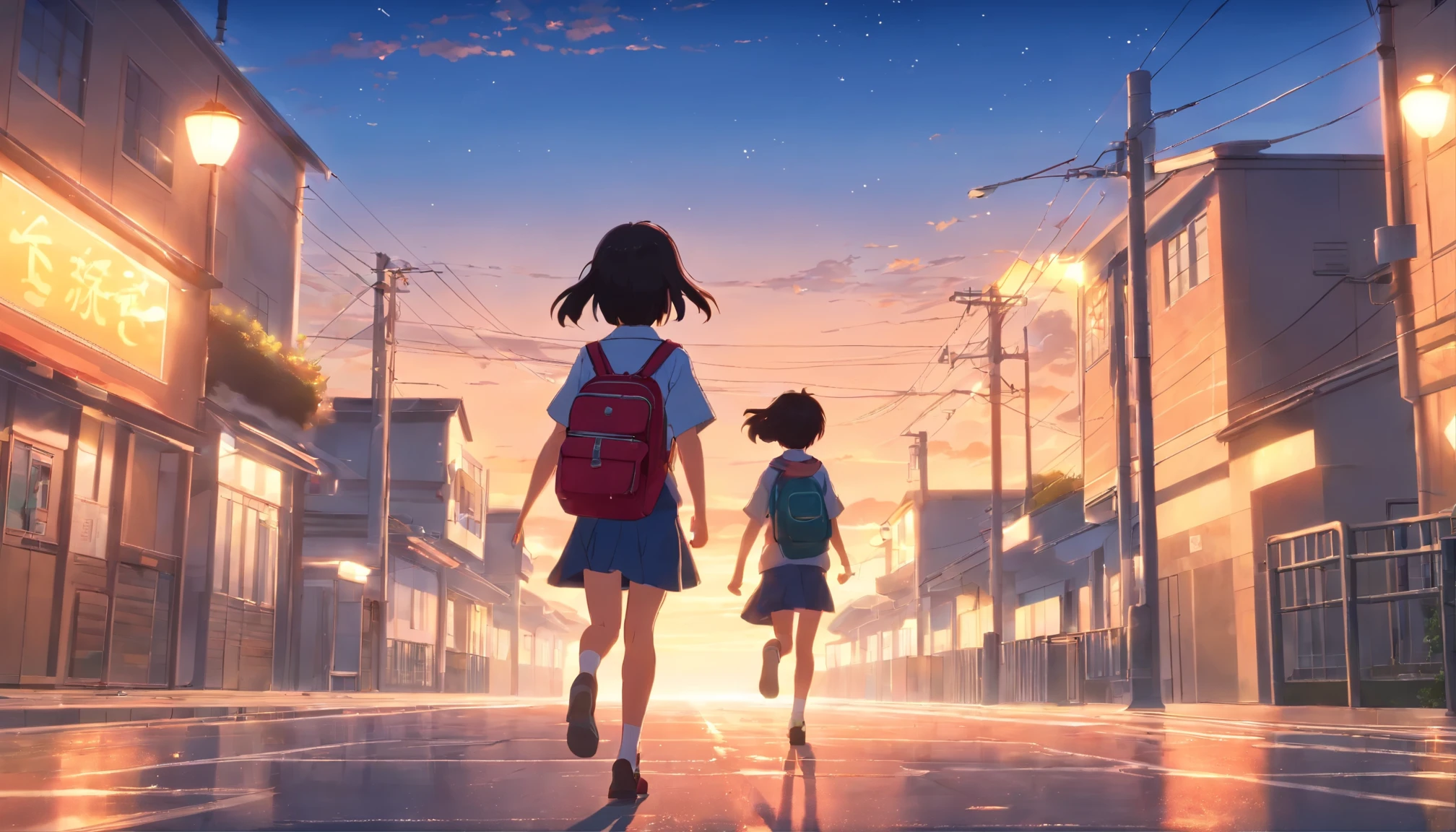
Elementary schools in Japan、campus、evening， running on the ground、7 year old elementary school student、Rear view、red and black school bag、Filled with fantastic and beautiful light。High quality down to the smallest detail。High resolution、4k