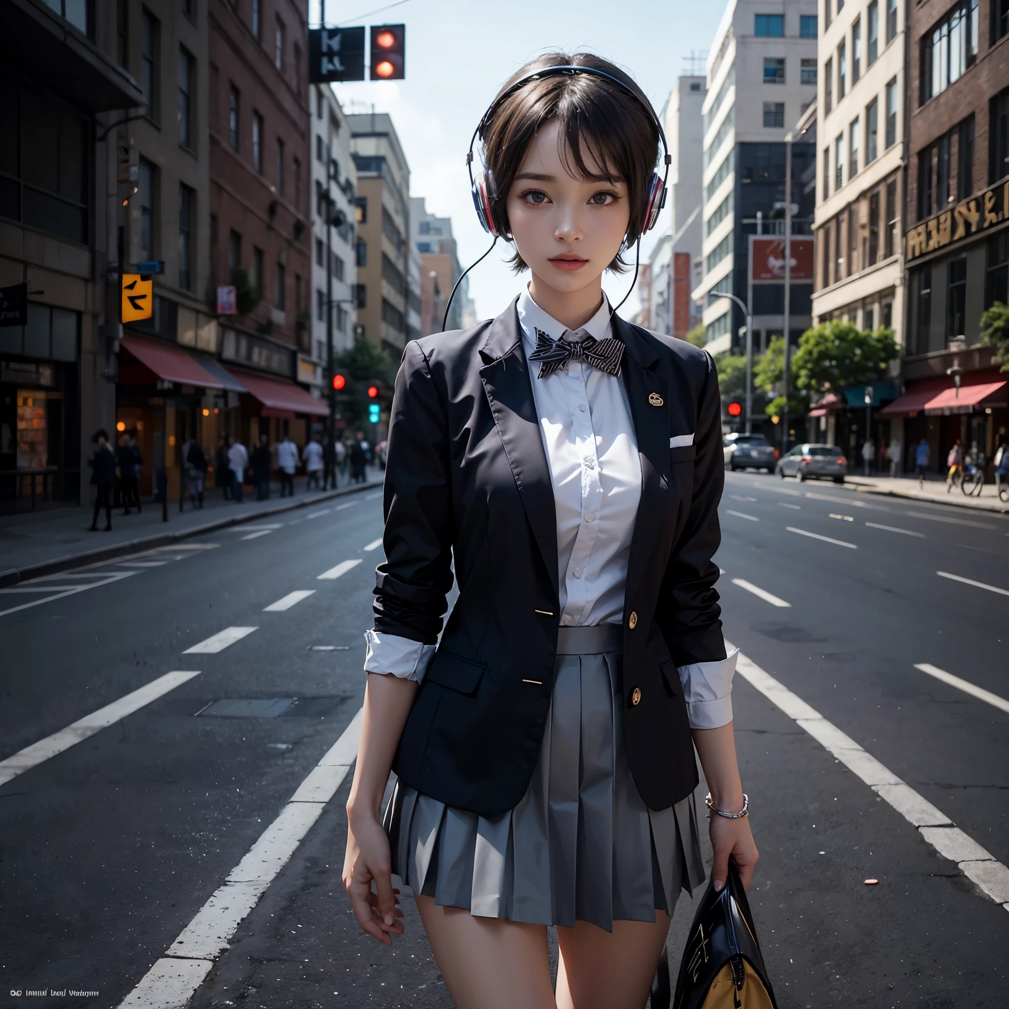 ((1 Girl Solo,17 years old)), (Sexy, waved hair, Short Hair, Headphone :1.4), (SHCOOL UNIFORM, blazer jacket, skirt :1.5),(Standing On The Road, Wearing A Headphone :1.3), Floating Hair, smile, on the road in the city, Morning, (depth of field), ((anatomically correct)), (Futuristic Portrait), (Close-Up:1.2), rim lighting, (city BackGround), no futuro telhado de luz neon, SSCI - FI e Fantasia, intrincado e muito bonito e elegante, altamente detalhado, pintura digital, art-station, arte conceitual, smooth and sharp focus, illustration, Arte de Tan Zi e Ayanamikodon e Alphonse Mucha e Wlop