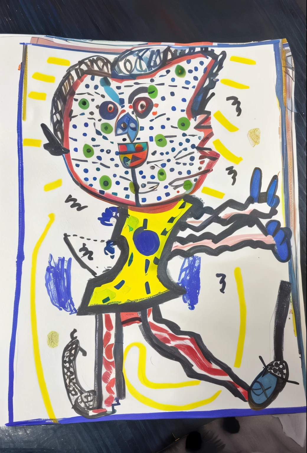 Draw a cat wearing a shirt and blue pants, inspired by asgerjon, inspired by Pierre Alechinsky, outsider art style, inspired by Karel Appel, outsider art!!!, Inspired by Joan Miró, Inspired by Jean Dubuffet, Picasso style, Inspired by Joan Miró, inspired by Marcel Chagall, inspired by Picasso