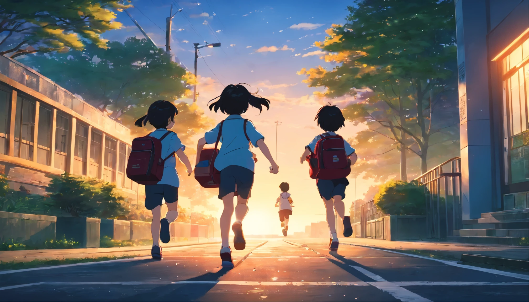 
Children running on a Japanese elementary school campus、evening，7 year old elementary school student、Rear view、red and black school bag、Filled with fantastic and beautiful light。High quality down to the smallest detail。High resolution、4k